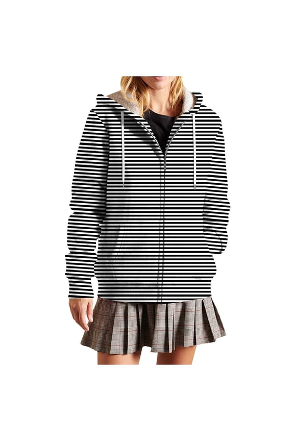 Womens Hooded Jackets Front Zip Drawstring Stripes Shacket Fleece Thermal Fall Winter Outwear With Pockets (XL, Black)