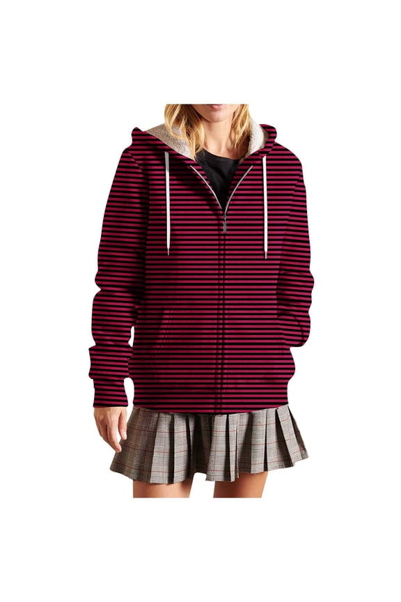 Womens Hooded Jackets Front Zip Drawstring Stripes Shacket Fleece Thermal Fall Winter Outwear With Pockets (XL, Wine)