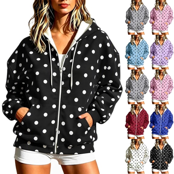 Womens Hooded Jackets Polka Dots Print Oversized Y2k Zip Up Sweatshirt Long Sleeve Drawstring Casual Outerwear (XL, Black)