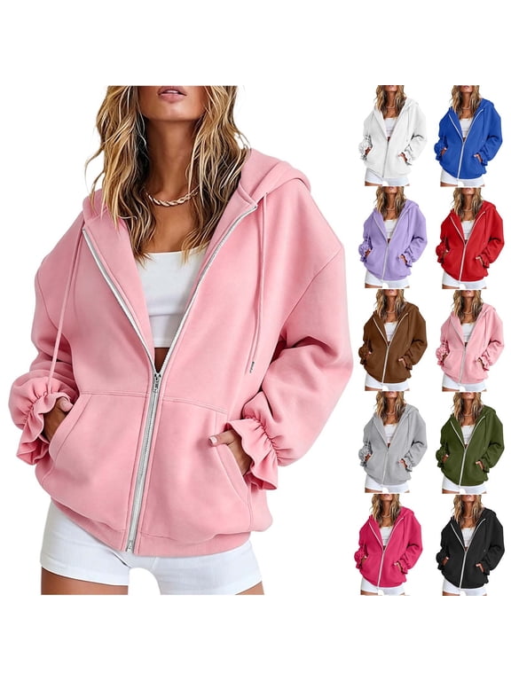 Womens Hooded Jackets, Zipper Long Sleeve Outerwear with Pockets & Ruffle Cuffs Design, Fall Winter Casual Wear | VerBelle,Army Green L