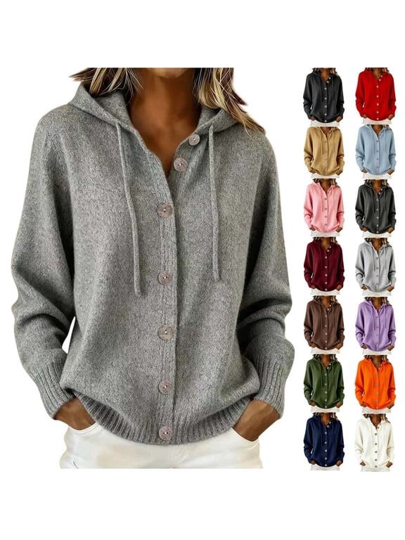 Cardigan Sweaters for Women Button Front Long Sleeve Essentials Fall Winter Hoodie Gray Size L