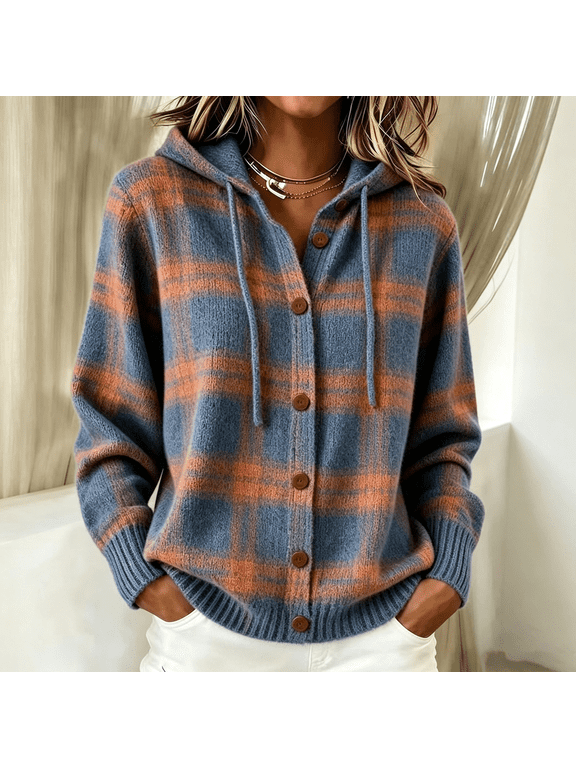 Womens Hooded Knit Cardigan Sweater Button Up Drawstring Hoodies Plaid Sweatshirt
