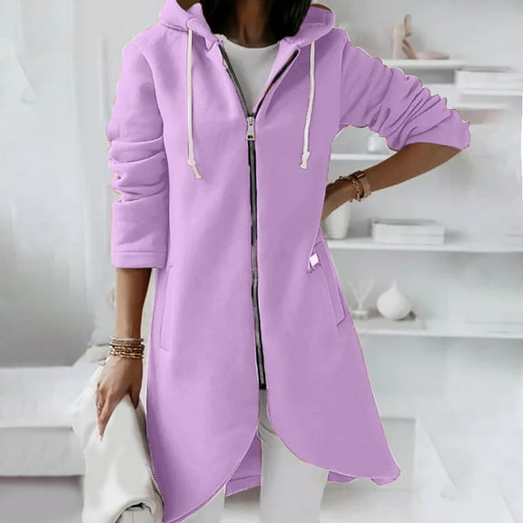 Womens Hooded Long Coat Fashion Hem Irregular Full Zipper Sweatshirt Jacket, Winter Outwears Hooded Drawstring Coat with Pockets