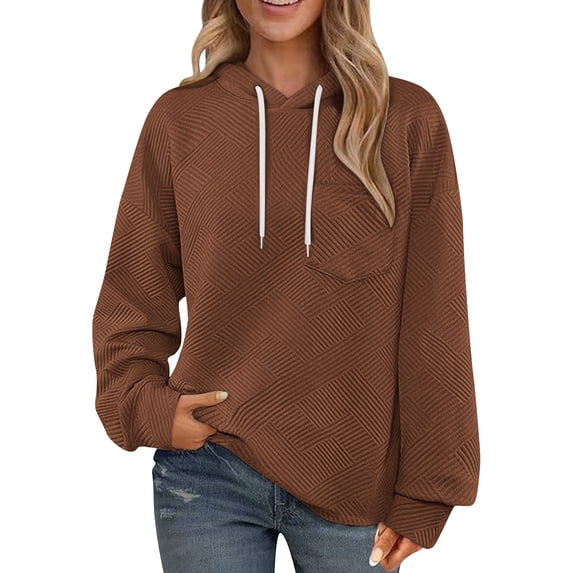 Womens Hooded Long Sleeve Pullover, Crewneck Sweatshirts for Women Fall Fashion Loose Fit Solid Color Drawstring Hoodies with Pockets S-2XL