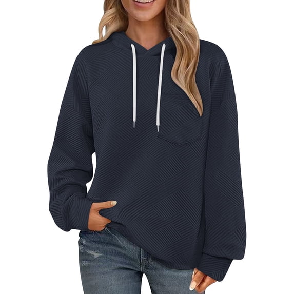 Womens Hooded Long Sleeve Pullover, Crewneck Sweatshirts for Women Fall Fashion Loose Fit Solid Color Drawstring Hoodies with Pockets S-2XL