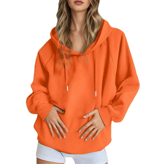 Womens Hooded Long Sleeve Tops Fall Fashion Crew Neck Pullover Casual Blouses Loose Sweatshirt Winter Clothes Tops (Orange-02,Small)