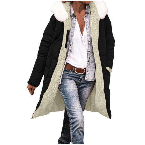 Womens Hooded Parka, Knee-Length Solid Color Insulated Winter Coat with Zip, Windproof and Warm Outerwear for Commuting and Outdoor ActivitiesBlackM