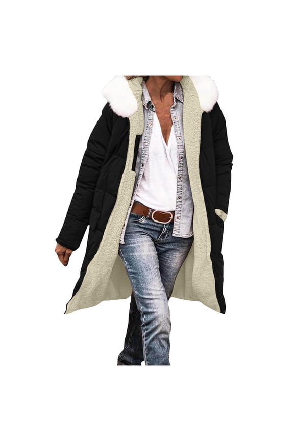 Womens Hooded Parka, Knee-Length Solid Color Insulated Winter Coat with Zip, Windproof and Warm Outerwear for Commuting and Outdoor ActivitiesBlackM