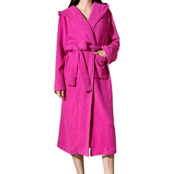Womens Hooded Plush Bathrobe Striped Print Warm Fleece Soft Long Robe Fuzzy Mid Length Gown Shower Spa House Kimono