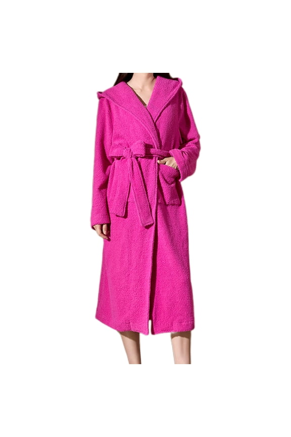 Womens Hooded Plush Bathrobe Striped Print Warm Fleece Soft Long Robe Fuzzy Mid Length Gown Shower Spa House Kimono