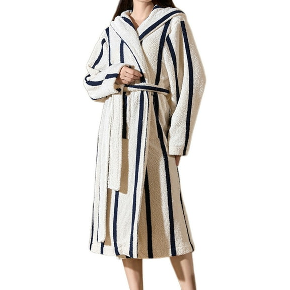 Womens Hooded Plush Bathrobe Striped Print Warm Fleece Soft Long Robe Fuzzy Mid Length Gown Shower Spa House Kimono