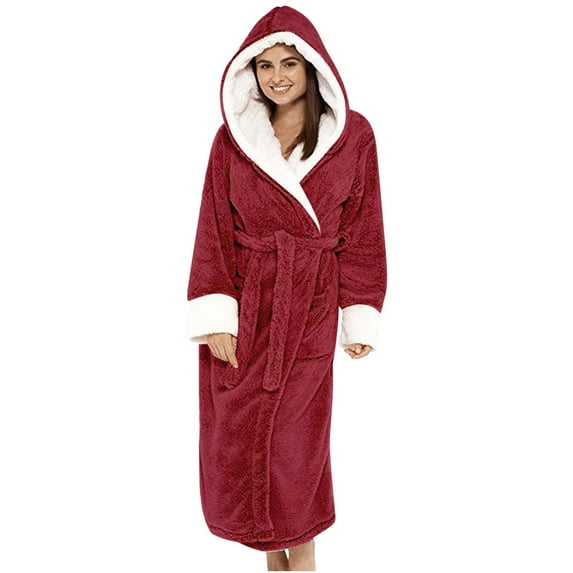 Womens Hooded Plush Bathrobe Warm Fleece Soft Long Robes Fuzzy Full Length Gown Comfy Shower Spa House Sleepwear S-2XL