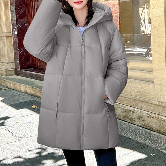 Womens Hooded Puffer Jacket Solid Color Pocket Zip Up Thick Fleece Lined For Winter Warmth Womens Winter Coats