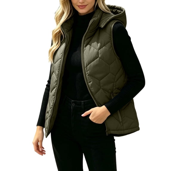 Womens Hooded Puffer Vest Casual Plus Size Cropprd Jackets Zip up Sleeveless Winter Jacket Travel Outdoor Warm Coats Solid Color Lightweight Outerwears with Pockets
