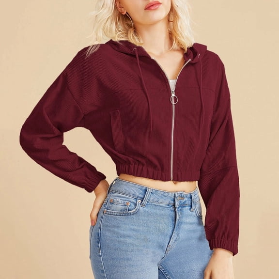 Womens Hooded Pullover Sweatshirts Zipper Crop Hoodie Fleece Corduroy Lined Collar Zip Up Elastic Hem Pocket Shirt Casual Women Solid Long Sleeve Tops Hooded Sweatshirt Cropped JacketWine Size XL