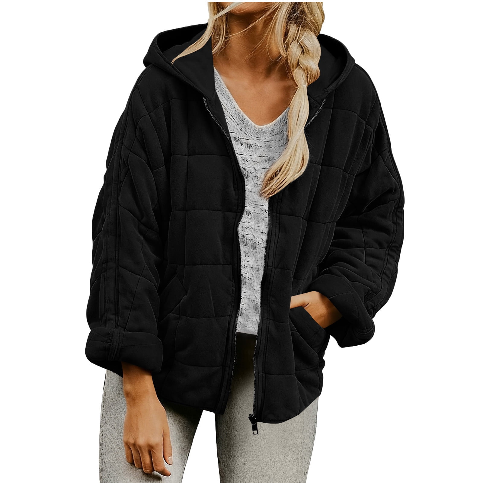 Womens Hooded Quilted Jacket with Pockets Cotton Puffer Winter Coat Full Zip Loose Long Sleeve Warm Outerwear (L, Black)