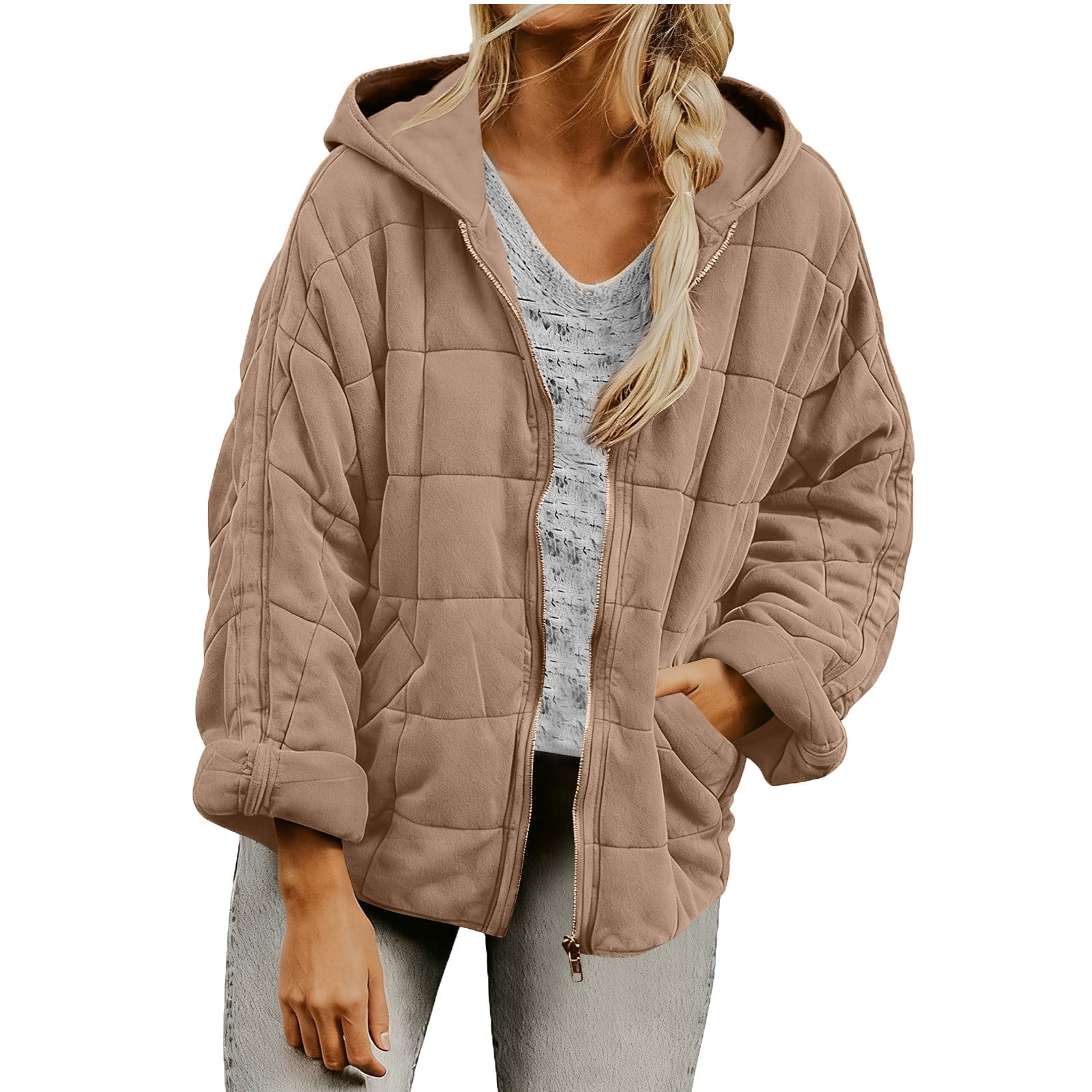Womens Hooded Quilted Jacket with Pockets Cotton Puffer Winter Coat Full Zip Loose Long Sleeve Warm Outerwear (L, Khaki)