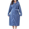 thumbnail image 1 of Womens Hooded Robes Terry Cloth Bathrobe Soft Fleece Plush Long Sleeve Night-Robe with Pocket Sleepwear Nightwear Pjs, Blue, Free Size, 1 of 4