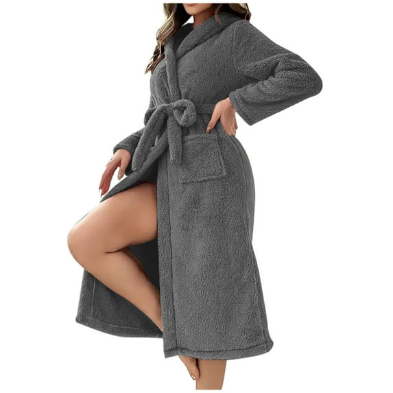 Womens Hooded Robes Terry Cloth Bathrobe Soft Fleece Plush Long Sleeve Night-Robe with Pocket Sleepwear Nightwear Pjs, Gray, M