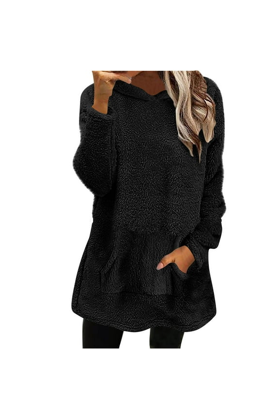Womens Hooded Sherpa Fleece Tunic Tops Hoodie with Pocket Loose Casual Warm Thermal Winter Long Sleeve Sweaters (L, Black)