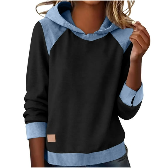 Womens Hooded Spring Clothes, Long Sleeve Shirts for Women Fashion Solid Color Denim Patchwork Crewneck T-Shirts