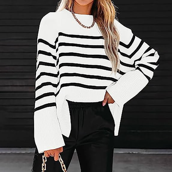 Womens Hooded Sweater Clearance Women's Striped Long Sleeve Crew NeckSide Slit Oversized Pullover Sweater Jumper Knitted Loose Top
