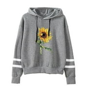 MOXIU Womens Hooded Sweatshirt Sunflower Printing Casual Long Sleeve Color Block Pullover Hoodie Tops with Drawstring Trendy Comfy Outerwear Sweatshirt Top for Women & Teen Girls