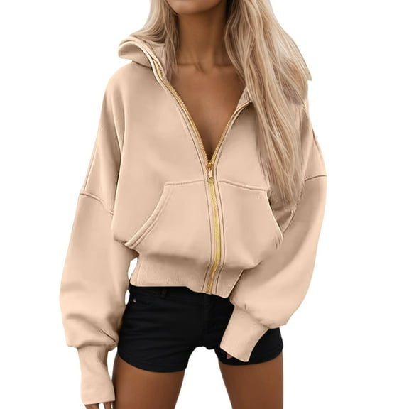 Womens Hooded Sweatshirt Womens Beige Zip Up Hoodie Long Sleeve Tops Casual Pullover Hoodie Cute Cloths M