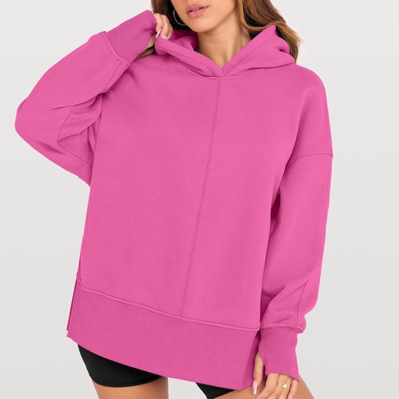 Womens Hooded Sweatshirts Casual Long Sleeve Side Slit Oversized Hoodies Fall Winter Pollover Tops Y2K Clothes Hot Pink M