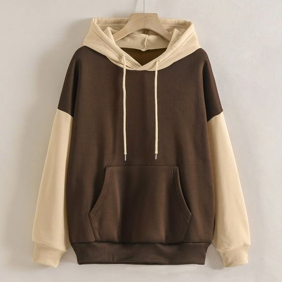 Womens Hooded Sweatshirts Color Block Crew Neck Hoodies Casual Long Sleeve Pullover Tops Trendy 2025 with Pocket