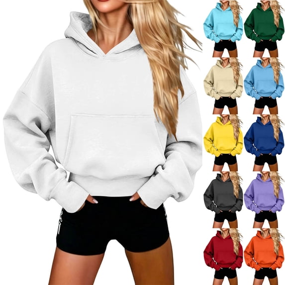 Womens Hooded Sweatshirts Fall Winter Fashion Casual Cropped Pullover Long Sleeve Oversized Hoodies With Pocket (XL, White)