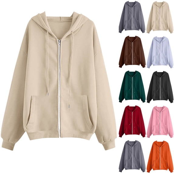 Womens Hooded Sweatshirts Jacket with Pockets Solid Color Long Sleeve Outfits Casual Jackets 2025 Winter Clothes Women's Outerwear Coffee S