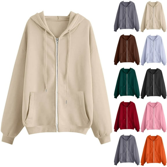 Womens Hooded Sweatshirts Jacket with Pockets Solid Color Long Sleeve Outfits Casual Jackets 2025 Winter Clothes Women's Outerwear Light Gray XL