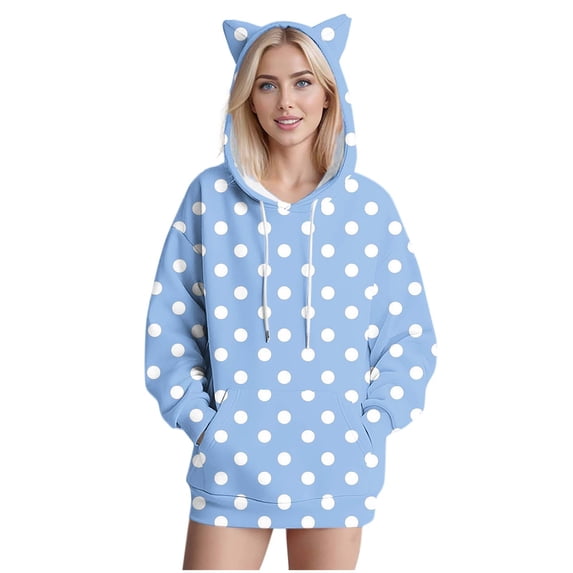 Womens Hooded Sweatshirts Polka Dot Cute Cat's Ears Casual Long Sleeved Loose Hooded Pullover Sweatshirts Light Blue XL