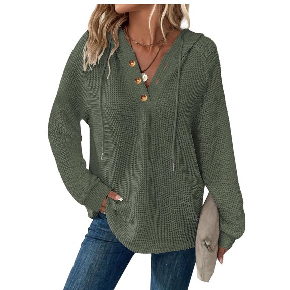 Womens Hooded Sweatshirts Pullover New Women's Solid Casual Hooded Button Long Sleeve Drawstring Sweatshirt Tops Style B-57 Army Green XXL