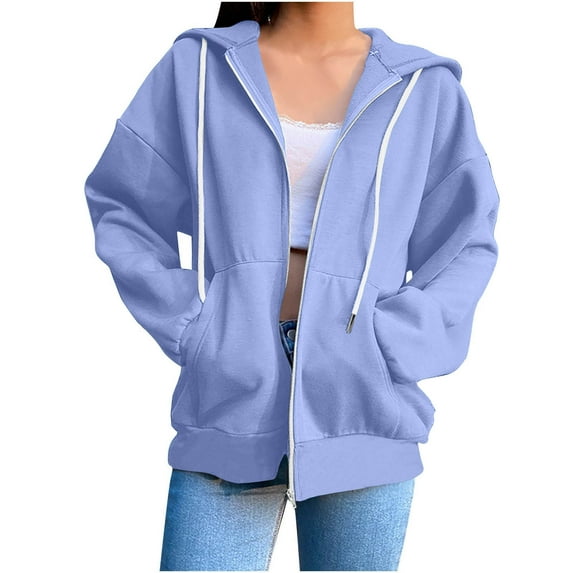 Womens Hooded Sweatshirts, Zip Up Hoodies for Women Fall Fashion Athletic Solid Color Long Sleeve Pullover Coats with Pockets