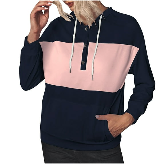 Womens Hooded Sweatshirts with Kangaroo Pockets Button up Drawstring Hoodies Color Block Fall Winter Pullover Tops