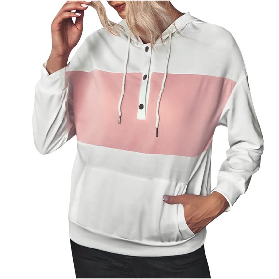 Womens Hooded Sweatshirts with Kangaroo Pockets Button up Drawstring Hoodies Color Block Fall Winter Pullover Tops