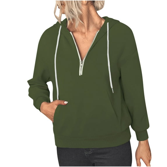Womens Hooded Sweatshirts with Kangaroo Pockets Zip up V Neck Drawstring Hoodies Solid Casual Fall Winter Pullover Tops