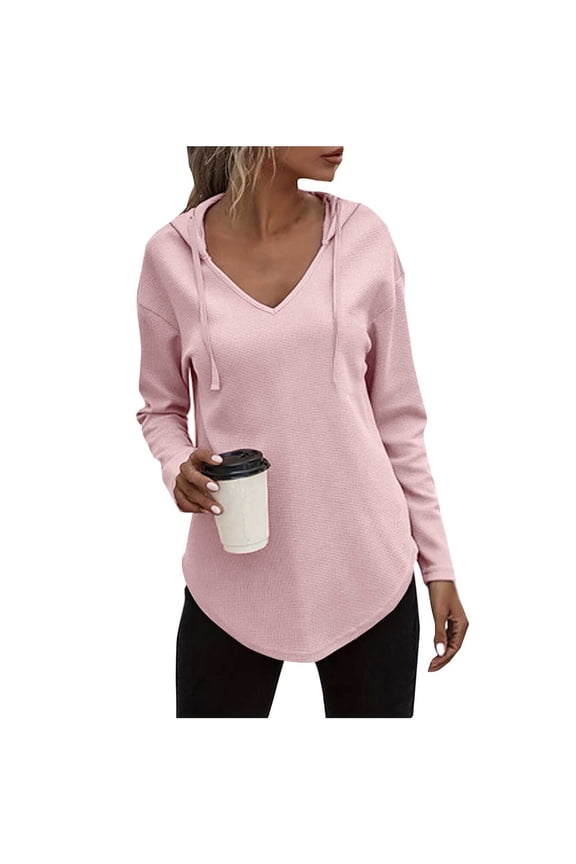 Womens Hooded Tunic Tops, Long Sleeve Shirts for Women Plus Size Casual Loose Fit Solid Color V Neck Dressy Blouses Fall Clothes