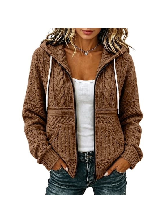 Womens Hooded Zip Up Cardigan Cable Knit Sweater Long Sleeve Soft Warm Cozy Fall Winter Casual Comfortable Coat Brown 2XL