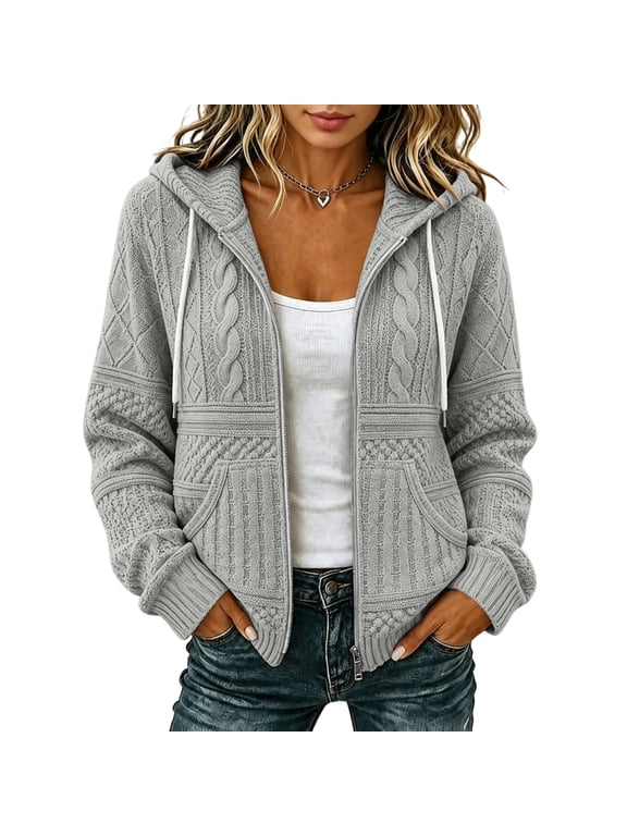 Womens Hooded Zip Up Cardigan Cable Knit Sweater Long Sleeve Soft Warm Cozy Fall Winter Casual Comfortable Coat Light Gray L