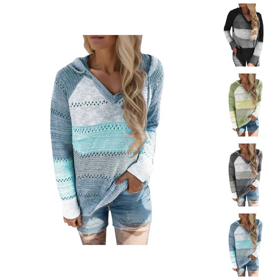 Color Block Sweater Hoodies for Women 2025 Long Sleeve V-Neck Knitted Sweater Hoodie Hooded Sweatshirt Women Pullover