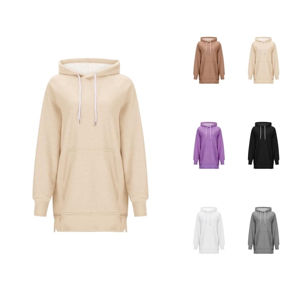 Womens Hoodie 2025 Lined Mid Length Loose Side Slit Plain Hoodies with Pockets Hooded Sweatshirt Hoodie Women