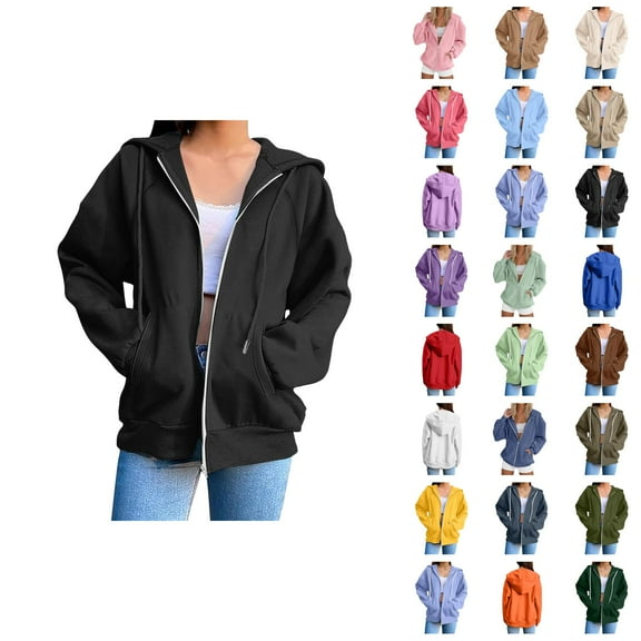 Womens Hoodie 2025 Long Sleeve Loose Basic Zip Up Hoodies with Pockets Hooded Sweatshirt Hoodie Women Jacket