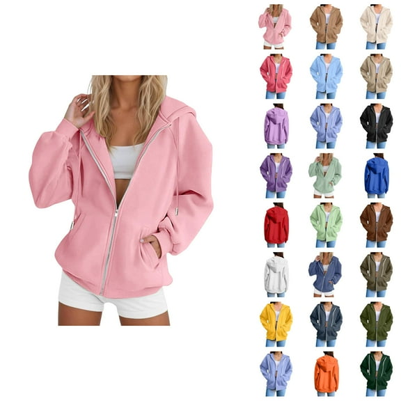 Womens Hoodie 2025 Long Sleeve Loose Basic Zip Up Hoodies with Pockets Hooded Sweatshirt Hoodie Women Jacket