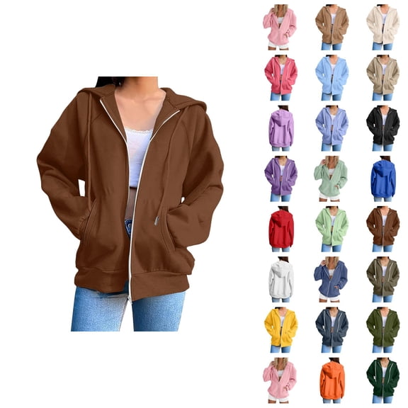 Womens Hoodie 2025 Long Sleeve Loose Basic Zip Up Hoodies with Pockets Hooded Sweatshirt Hoodie Women Jacket