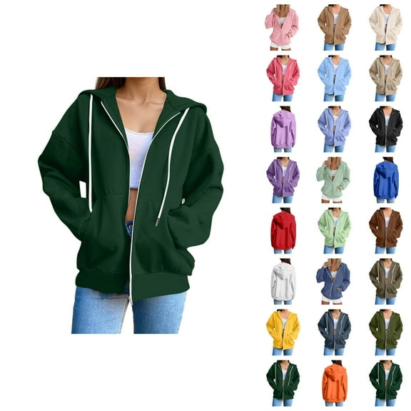 Womens Hoodie 2025 Long Sleeve Loose Basic Zip Up Hoodies with Pockets Hooded Sweatshirt Hoodie Women Jacket