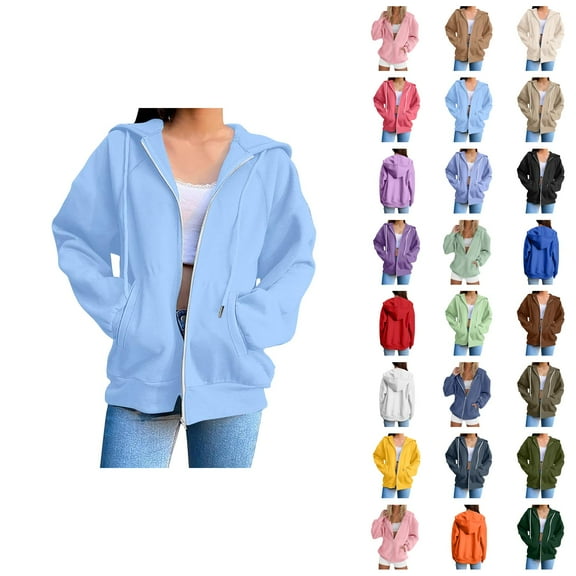 Womens Hoodie 2025 Long Sleeve Loose Basic Zip Up Hoodies with Pockets Hooded Sweatshirt Hoodie Women Jacket