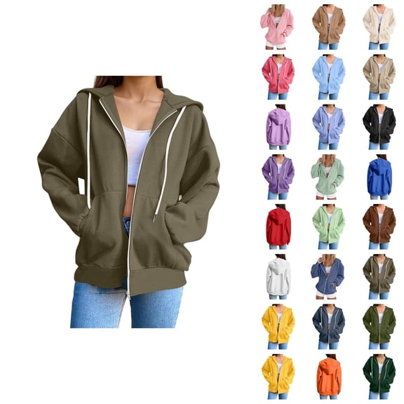 Womens Hoodie 2025 Long Sleeve Loose Basic Zip Up Hoodies with Pockets Hooded Sweatshirt Hoodie Women Jacket